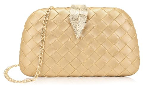 Milisente Clutch Bags For Women Woven PU Leather Wedding Evening Bag Metallic Leaf Clasp Closure (Gold)