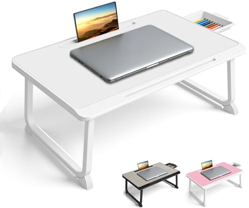 Mesa para Cama con Cajón, para Computadora Portátil, Lectura, Escritura, Comer y Ver Películas en la Cama, Sofá o Suelo, Oficina y Hogar (White)