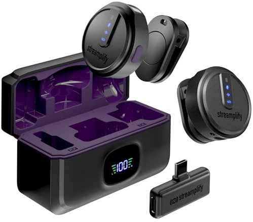 Streamplify MIC GO Wireless Microphone Set – Dual Compact Mics with Noise Reduction, 21-Hour Battery, Charging Case, USB-C Dongle, iOS/Android/PC Compatible