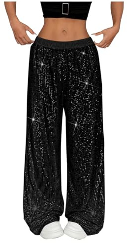 Pantalon Paillette Femme Disco Brillant Jambes Larges Pantalons Taille Basse Rétro Décontracté Pantalon de Soirée Cocktail Clubwear Streetwear Baggy Femmes Soirées Danse Hip Hop Jazz Pants de Noel