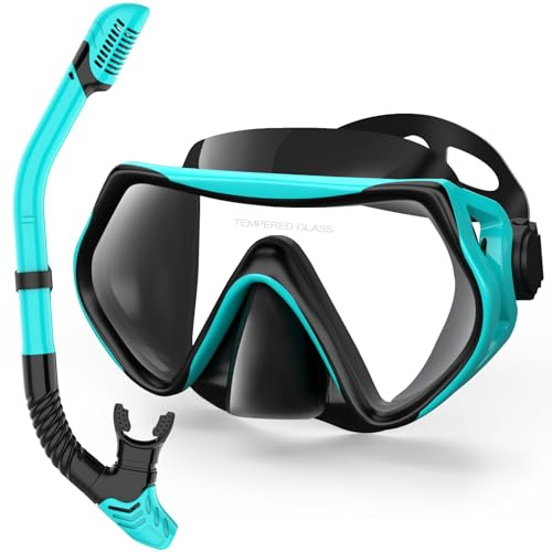 Schnorchelset Erwachsene, Schnorcheln Set mit Anti-Fog Taucherbrille und Dry Schnorchel, Professionelle Schnorchelmaske Tauchmaske aus Gehärtetem Glas für Schnorcheln (Green)