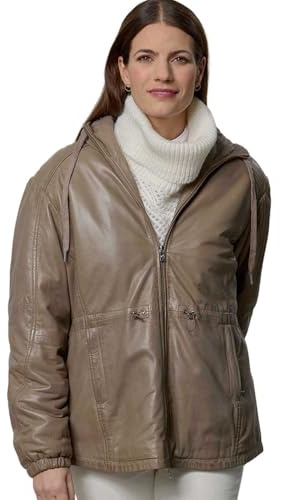 Jilani Collection - Damen Echtleder Lederjacke Lammnappa Kapuze Oversize dark sand