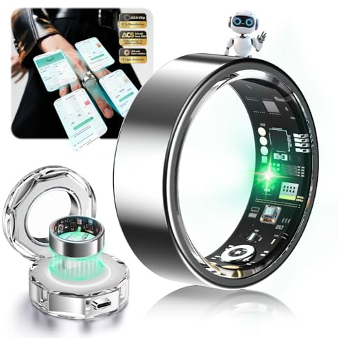 Lozltx Smart Ring Mit kabellose Ladestation【Militärgeprüftes Titan-Design & IP68】【JZ5.2-Chip & 0% Messfehler】 Smartring Fitness Ring - 30 Sprachen & Herren für Android IOS（Silber, Größe 9）