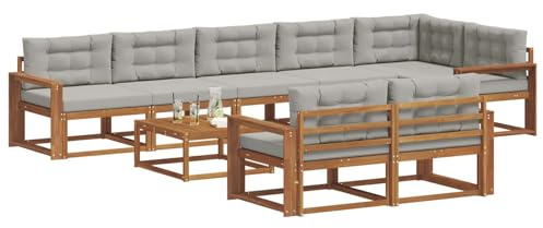 vidaXL Outdoor-Sofagarnitur mit Kissen 9 pcs Natürlich und Hellgrau, Outdoor-Sitzmöglichkeiten, Garten-Lounge-Sofaset, Langlebige Terrassen-Sektional, Modernes Gartenmöbel