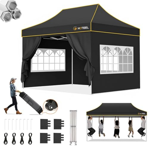 Hoteel Pavillon 3x4,5 Wasserdicht Stabil Winterfest,Verstärkter Faltpavillon mit Sechskantrohr-Gestell,Anti-UV Partyzelt Faltbar Gartenpavillon für Märkte,Tragetasche mit Rollen,4 Sandsäcke,Schwarz