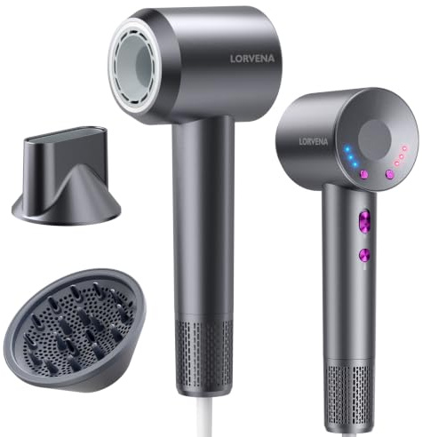 LORVENA Ionen Föhn 160.000 U/min Haartrockner, 500 Mio. Ionen | Bürstenloser Motor, NTC, 12 Modi, 4 Temperaturen/3 Stufen, magnetischer Diffusor & Konzentrator