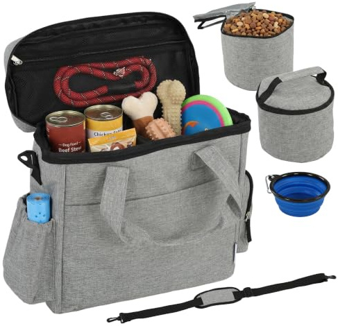PawHut Hunde Reisetasche mit 2 Aufbewahrungstaschen, 2 Hundenäpfe, Hellgrau | Große Hundetasche, Zusammenklappbare Silikonschüssel, Hundetragetasche für Reisen Camping oder Tagesausflüge