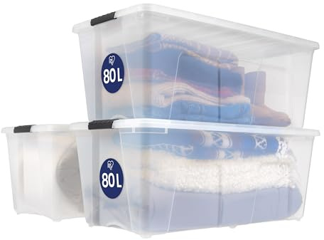 Iris Ohyama, Große Aufbewahrungsbox aus Kunststoff mit Deckel, 80L, 3er-Set, Transparent, Verschlussclips, Tragegriff, stapelbar, tragbar, robust & langlebig, für Bettwäsche, Ankleidezimmer