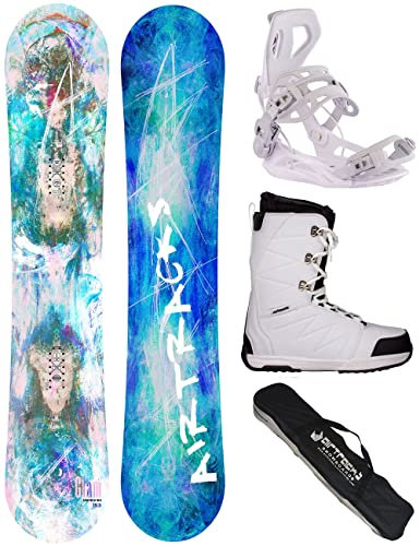 Airtracks Damen Snowboard-Set Freestyle Freeride Glam Lady Flat Rocker 150 + Snowboard Bindung Master W + Snowboardboots Star W 38 + Sb Bag