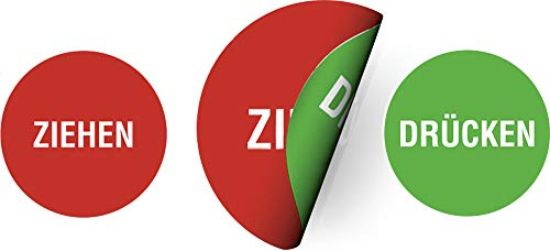 Aufkleber Türschild ZIEHEN+DRÜCKEN doppelseitig | 10 cm Ø | selbstklebend (Klebeseite: ziehen/rot) | Türaufkleber zweiseitig | wetterfest und UV-beständig
