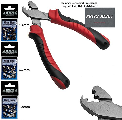 Praktisches Klemmhülsen Set mit Hülsenzange und ca 300 Quetschhülsen (3 Größen: 1,4 mm, 1,6mm & 1,8 mm) + gratis Petri Heil! Aufkleber