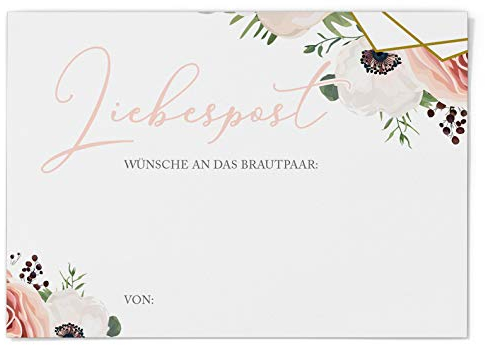DeinWeddingshop Ballonflugkarten zur Hochzeit 50 Stück, extra leichte Postkarten für langen Flug, Platz für Glückwünsche (Modern Floral Boho)
