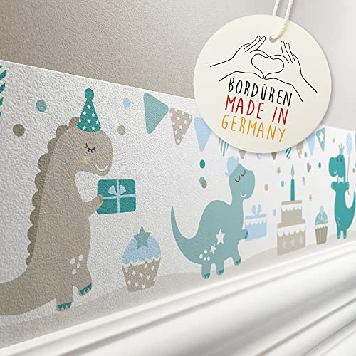 lovely label Bordüre selbstklebend Dino Party Petrol Taupe - Wandbordüre Kinderzimmer - Wanddeko Baby Kinder