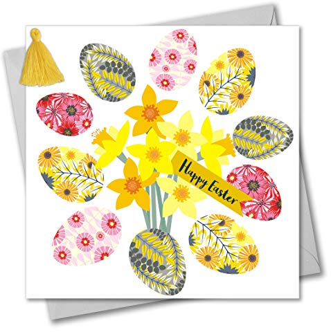 Claire Giles Greeting Cards, Frohe Ostern Karte, Narzissen und Eier Design Grußkarte, verziert mit einer bunten Quaste