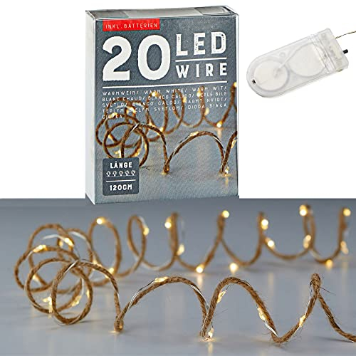 Guirlande lumineuse LED - Micro fil sur corde de jute - Blanc chaud - Longueur : 120 cm - Avec 20 LED - Éclairage de Noël - Guirlande lumineuse décorative avec piles (1 guirlande lumineuse à 20 LED)