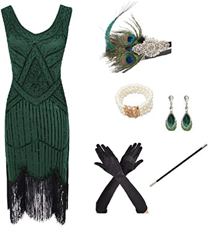 shoperama 20er Jahre Charleston Flapper Damen-Kostüm Grün Pailletten-Kleid mit Fransen und 5-tlg. Pfau Zubehör-Set, Größe:L