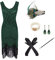 shoperama 20er Jahre Charleston Flapper Damen-Kostüm Grün Pailletten-Kleid mit Fransen und 5-tlg. Pfau Zubehör-Set, Größe:L
