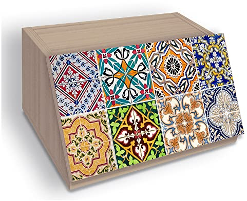 Lupia - Portapane Vintage OLD TILES, Apertura Frontale, Finestra per Aerazione, Conserva Pane e Alimentari Secchi, 30x40x20 cm, Legno