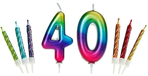 Gadget Giant, candela glitterata scintillante per torta di compleanno con numero 40 e 6 candeline metallizzate, arcobaleno
