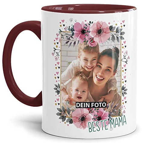 Keramik Tasse - Beste Mama - mit Foto selbst gestalten - Geschenk für die beste Mama, Muttertag, Weihnachten I Personalisiert, Innen & Henkel Weinrot, 300 ml