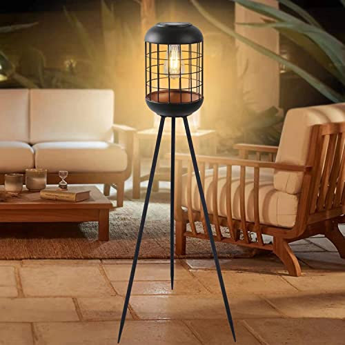 YHSOLAR Solar Floor Lamp Outdoor Large Lanterns for Patio, Waterproof Big Solar Lamp Outdoor Metal Tripod Solar Lights for Deck Lawn Yard or Porch Decor(Black)