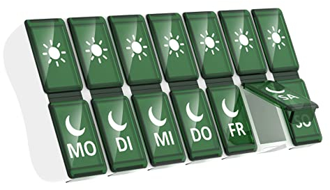 Tablettenbox 7 Tage 2 Fächer, Jaduoher Pillendose Morgens Abends 14 Fächer Pillenbox Medikamentendosierer (Grün)
