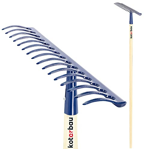 KOTARBAU® Laubrechen - 42 cm - Metall Rechen für Gras & Laub - mit Holzstiel - 156 cm - Gartenrechen - Rasenrechen mit 16 Zinken - Gartenwerkzeug für Rasenpflege - Stahl - Marineblau