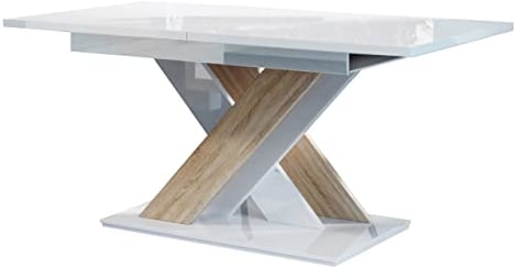 Mirjan24 Tisch für Esszimmer Hubara, Küchentisch, Praktischer Auszugstisch, Esszimmertisch, Rechteckiger Esstisch, Ausziehtisch (Weiß Hochglanz/Sonoma Eiche)