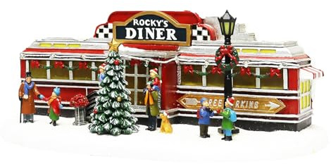 Christmas Village Building, Rocky's Diner, Retro 1950's Diner with LED Lights and Christmas Music - Battery Operated (not included) (optional 4.5V adapter not included) (5.8H x 13.6W x 7.1D)