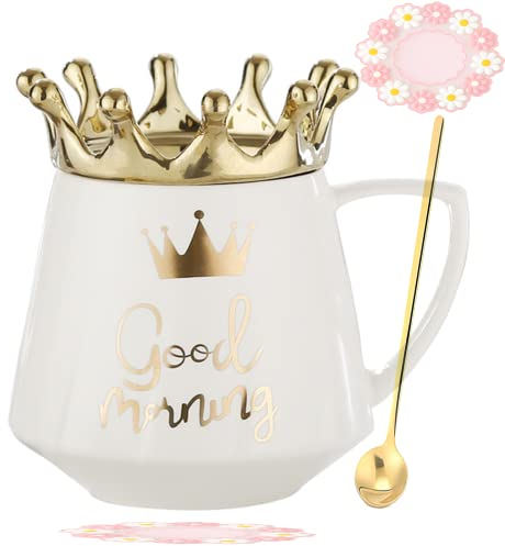 Arawat Good Morning Tasse mit Deckel Süße Tasse Geschenk mit Krone Weiß Tee Kaffee Becher mit Löffel & Untersetzer 350 ml Keramik Tasse Geburtstagsgeschenk für Frauen Mädchen Mama Freundin