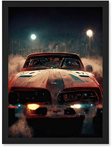 Doppelganger33 LTD Classic Sports Car Muscle Cinematic Night Atmospheric Race In Fog Artwork Framed Wall Art Print A4