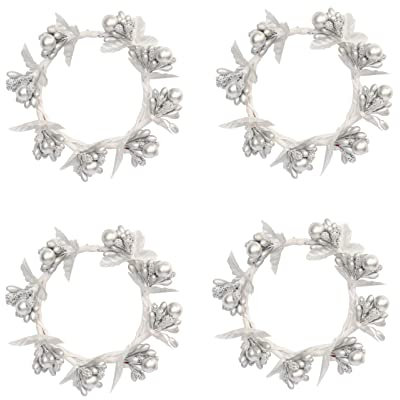 4 Stück Stumpenkerzenringe Kränze Kerzenkranz Künstliche Mistelkränze mit Perlenakzenten Mini-Blumenkranz Haustürkränze für Stumpenkerzenhalter Heimdekoration Anhänger Basteln (Silver, One Size)