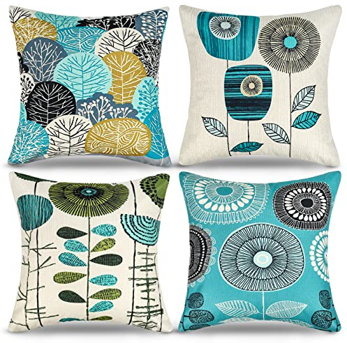 Sofa Kissenhülle Sonnenblumen Kissenbezüge 40x40 Kissenbezüge Blau Grün Kissenbezug Leinen Zierkissenbezüge 4er-set Frühling Kissenhüllen Passend Für Wohnzimmer Garten Sofa Kissen Dekoration