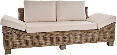Krines Home Rattansofa Natur Rattan Liegesofa Elegante Wohnzimmer Couch Wintergarten Sofa (Natur Grau, Dreisitzer, 80cm tief)