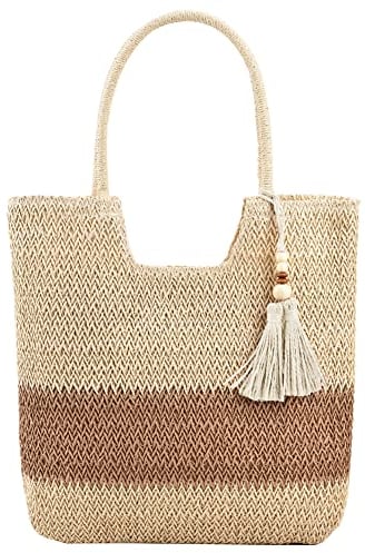 DKIIL NOIYB Sac de plage en paille pour femme, sac fourre-tout tissé d'été en paille avec pompons, grand sac à main en paille avec fermeture éclair pour sacs de vacances, B01-beige, 40cm