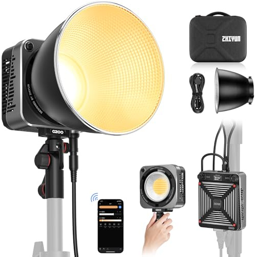 Zhiyun LED-Videoleuchte MOLUS G200 COB 200W Bowens Mount Kontinuierliche Lichtleistung,Bi-Color 2700K-6500K,Spitzenhelligkeit 61500Lux mit ZHIYUN-Reflektor,ZY Vega App-Steuerung für Videofotografie