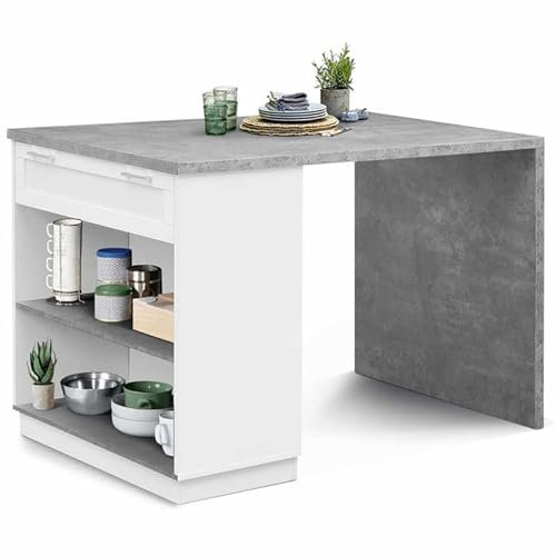 IDMarket – Ilot central come 4 personas VITO 130 cm blanco y bandeja efecto hormigón