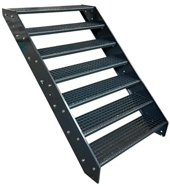 Kaminbau Mierzwa Premium Stahl Treppe komplett Anthrazit RAL 7016/7 Stufen (Breite 1200 mm) (Höhe 133 cm) Wetterfest Gitterroststufe Gartentreppe