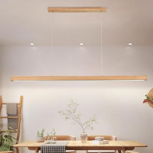 LED Pendelleuchte Holz Esstisch Esszimmer Lampe Dimmbare Moderne Linear Design Hängeleuchte mit Fernbedienung Höhenverstellbar Küchen Hängelampe für Büro Wohnzimmer (A, L150cm)