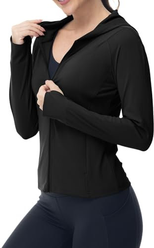 YSENTO Womens Running Jackets Slim Fit Long Sleeve Sports Gym Zip Up Hoodie Tops with Thumb Holes(Black,M)