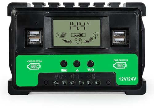 Jadeshay Regulador de Carga Solar MPPT, 60A MPPT Controlador de Carga Solar 12v, 12V/24V Identificación Automática Regulador de Panel Solar con 4 Puertos USB Pantalla LCD para Baterías de Plomo-ácido