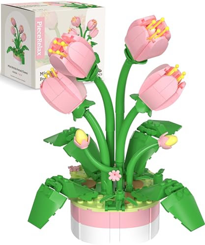 PieceRelax Flower Bouquet Building Decoration Set - Artificial Flowers Mini Bricks Potted Tulip Home Accessories or Best Gift Valentine Décor for Him and Her Botanical for Adults [KZ1030]