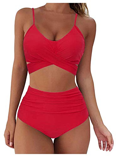 aaSccex Bikini Zwei Badeanzug Up Push Sexy Lace Set Cut High Piece Solid Up Halfter Damen Tankinis Set Sportuhr Stoppuhr (Red, L)