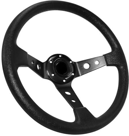 Acclcors Universal Racing Steering Wheel, Drifting Steering Wheel, 350mm/14in Deep Bottom with Horn Button, 6 Bolt Grip Vinyl Leather for Racing/Rally/Motorsport/Car Sim Driving (Black)