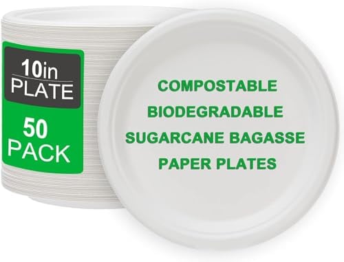 Disposable Plates for Hot Food 50Pcs Heavy Duty Reusable Sturdy Takeaway Bagasse Sugar Cane Biodegradable & Compostable Strong for Weddings Christmas Paper Plates (10Inches)