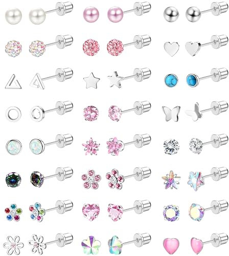JeweBella 24 Pairs Flat Back Stud Earrings for Women Girls - Surgical Steel Hypoallergenic Silver Flower Heart Butterfly Pearl Zirconia Screw Back Small Set