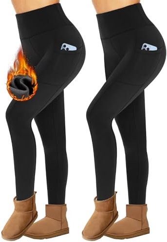 Missluck 2er Pack Thermo Leggings mit Taschen Damen im Winter, High Waist Gefüttert Thermoleggins für Sport(Schwarz/Schwarz,XXL)