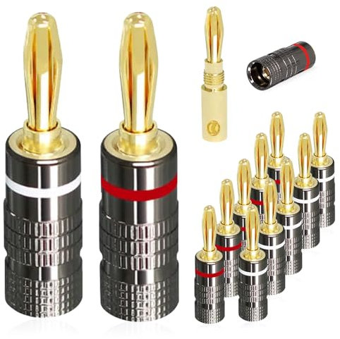 mizikuu 12 Pièces Fiches Bananes, 24K Connecteur Plaqué Or 4,5 mm Fiche Banane pour HiFi Haut-Parleur AV Stéréo Home Cinéma Audio Fil, 6 Rouge Et 6 Blanc