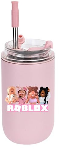 MAJEQZGY Roblox Spiel Wasserflasche 280 ml Auslaufsicher Trinkflasche mit Strohhalm Trinkbecher Edelstahl Flasche für Arbeit, Reisen, Outdoor, Schule (Rosa Süßes Mädchen)