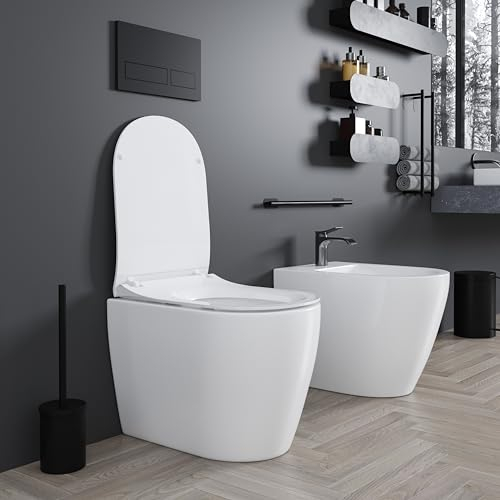 Coppia Sanitari Filomuro Vaso WC Rimless Senza Brida E Bidet In Ceramica Colore Bianco Filo Muro Filo Parete Design Moderno Con Copriwater Chiusura Soft Close Chiusura Rallentata